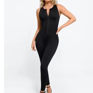 Populish Sleeveless Body-Sculpting Zip Front Jumpsuit with pockets NEW XXL black